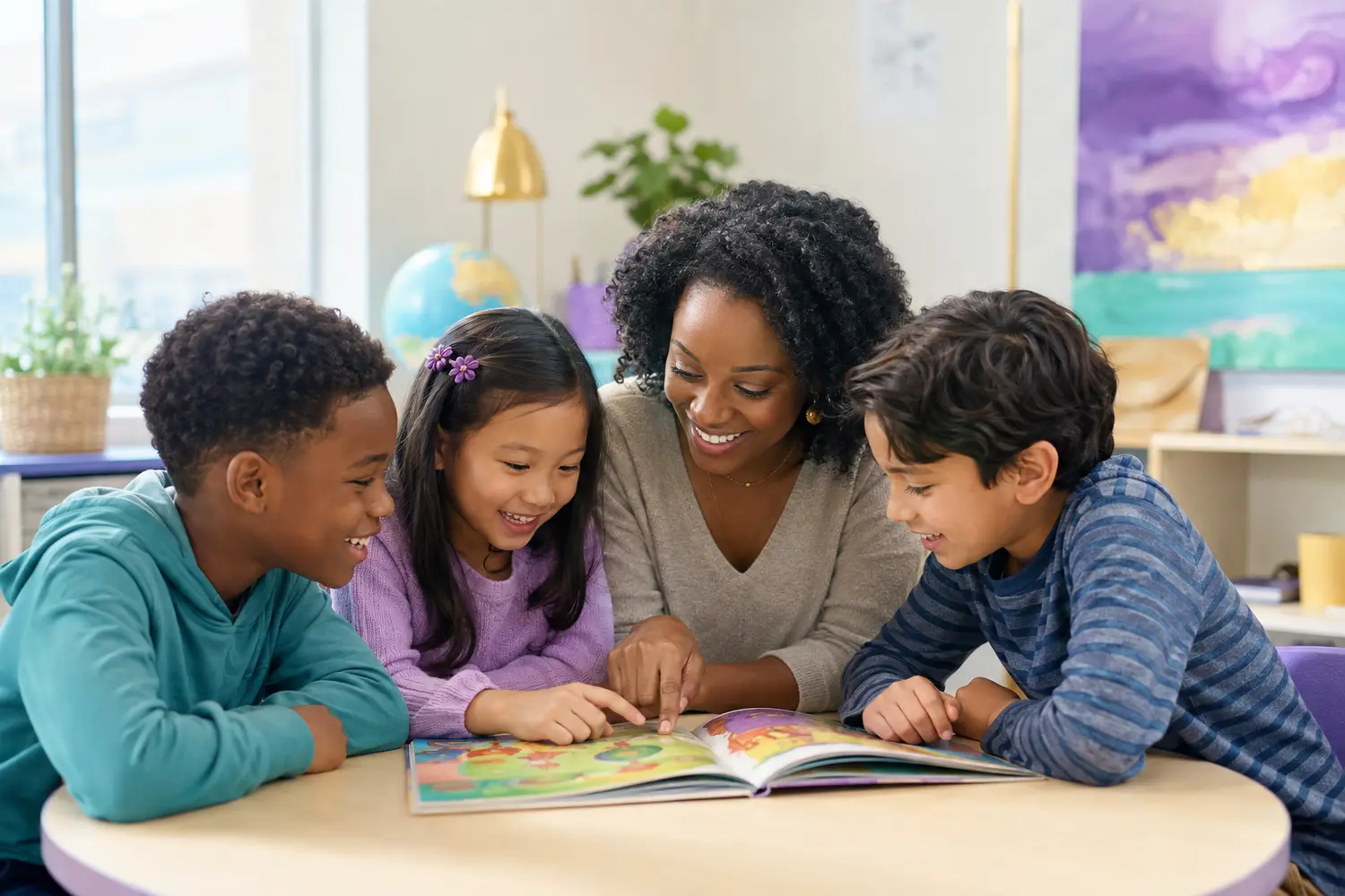 Children enjoying a reading lesson with a literacy tutor