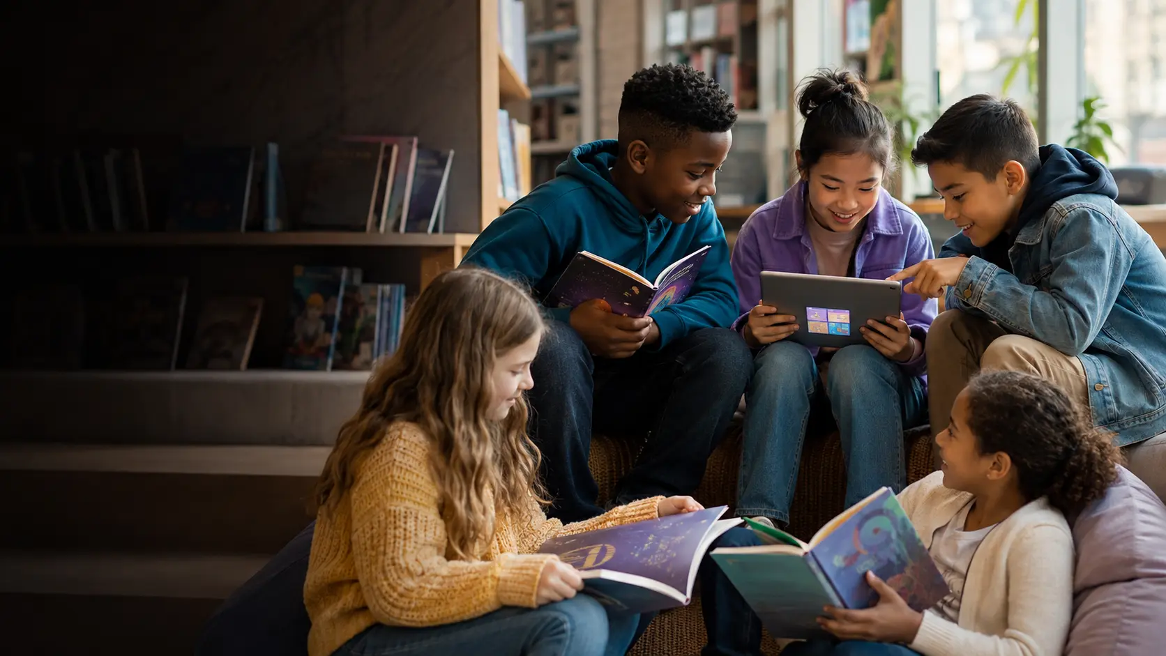 Diverse children enjoying illustrated reading activities